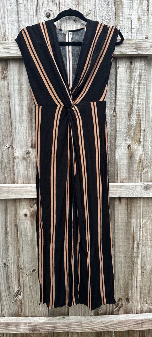 Lulus Woman's Coastal Grooves Black/Brown Striped Swim Beach Cover-up Airy M